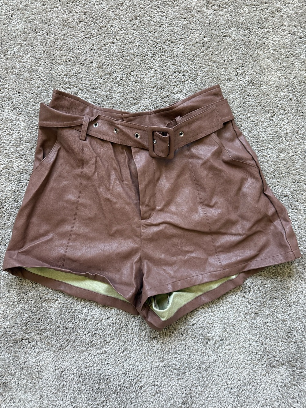 Altar'd State High-Waist Faux Leather Belted Shorts - Brown